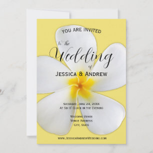 Tropical Floral, White Plumeria on Yellow, Wedding Invitation