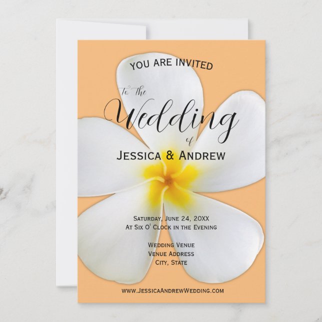 Tropical Floral, White Plumeria Orange, Wedding Invitation (Front)