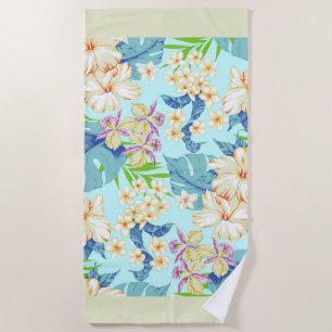 Tropical Floral with a Green Border Beach Towel