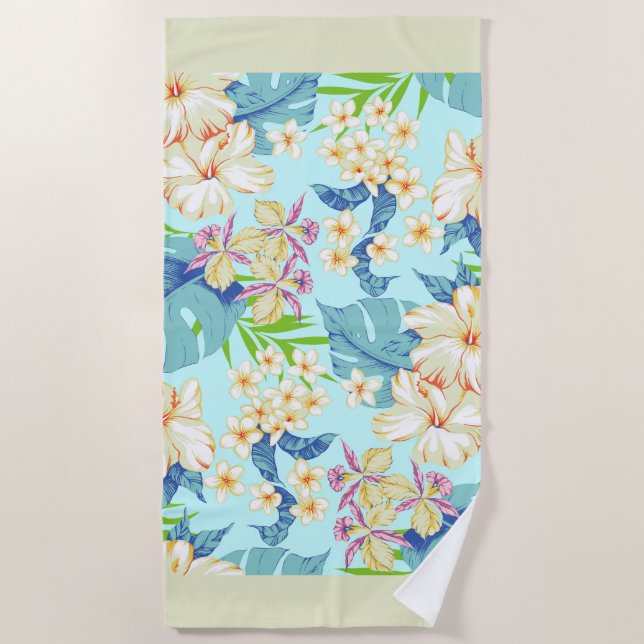 Tropical Floral with a Green Border Beach Towel (Front)