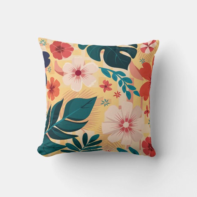 Tropical Floral with Bold Leaves and Flowers Cushion (Front)