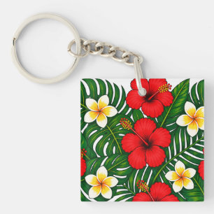 Tropical Floral with Hibiscus and Plumeria Key Ring