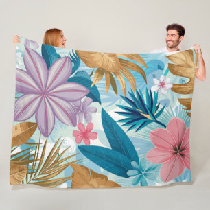 Tropical Floral with Lush Leaves and Exotic Blooms Fleece Blanket