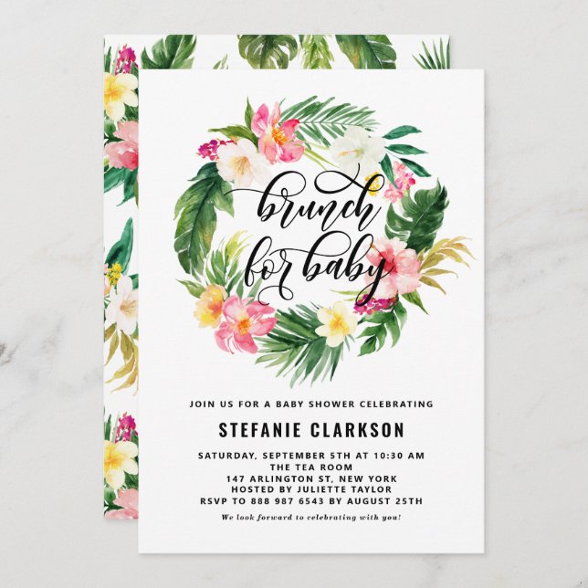 Tropical Floral Wreath Baby Shower Brunch Invitation (Front/Back)