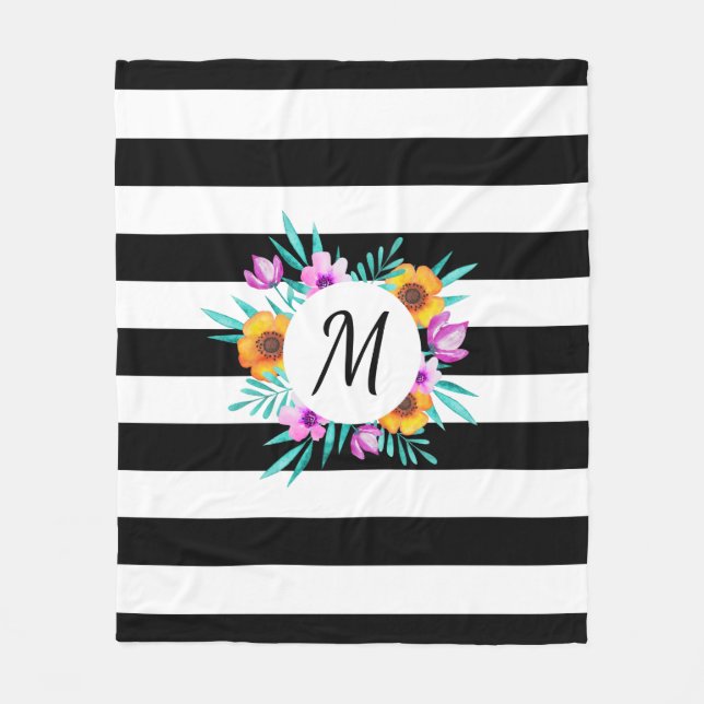 Tropical Floral Wreath Black Stripes Monogram Fleece Blanket (Front)
