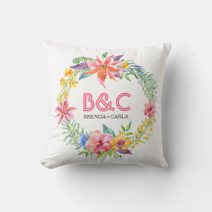 Tropical floral wreath gold geometric frame cushion