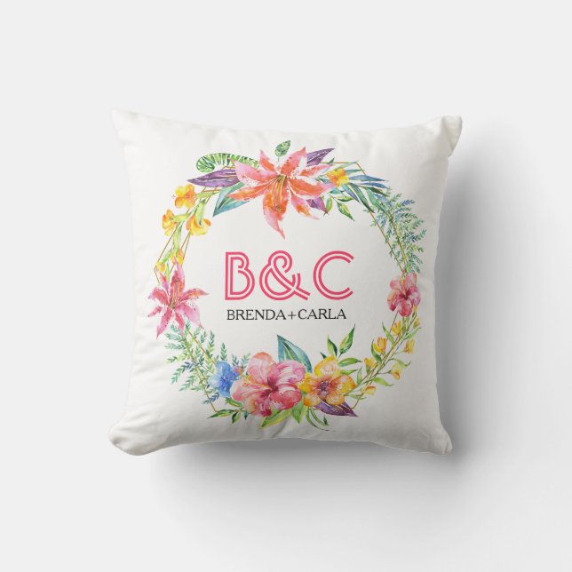 Tropical floral wreath gold geometric frame cushion (Front)