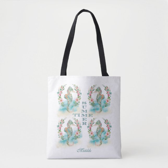 Tropical Floral Wreath Seahorse, Luau SUMMER TIME Tote Bag (Front)