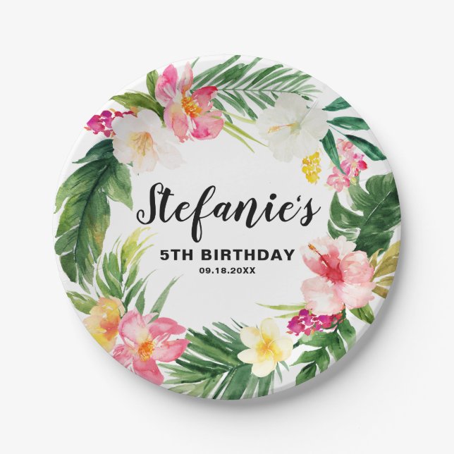 Tropical Floral Wreath Summer Birthday Party Paper Plate (Front)