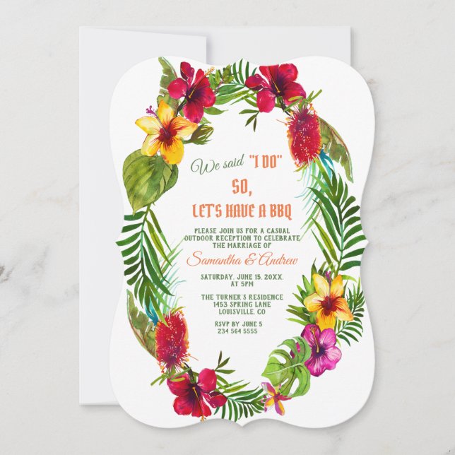 Tropical Floral Wreath Wedding I DO BBQ Invitation (Front)
