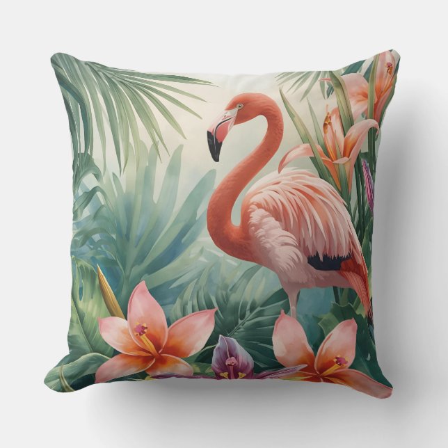 Tropical Florals and Flamingo Cushion (Front)