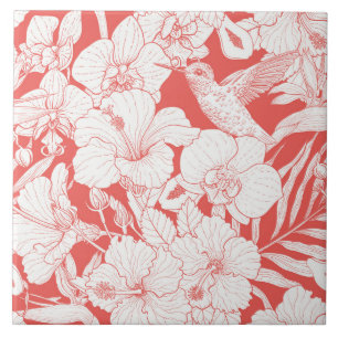 Tropical Florals and Hummingbird in coral and off Ceramic Tile