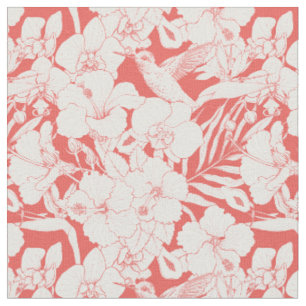 Tropical Florals and Hummingbird in coral and off Fabric