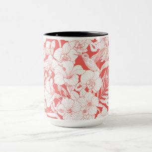Tropical Florals and Hummingbird in coral and off Mug