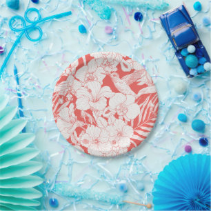 Tropical Florals and Hummingbird in coral and off Paper Plate