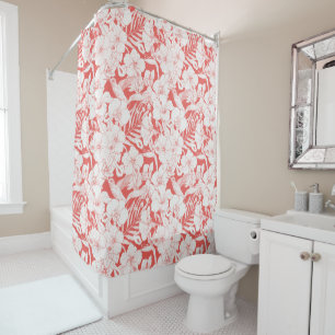 Tropical Florals and Hummingbird in coral and off Shower Curtain