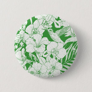 Tropical Florals and Hummingbird in green and off  6 Cm Round Badge