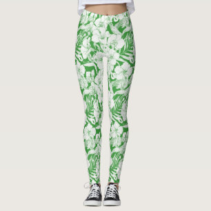 Tropical Florals and Hummingbird in green and off Leggings