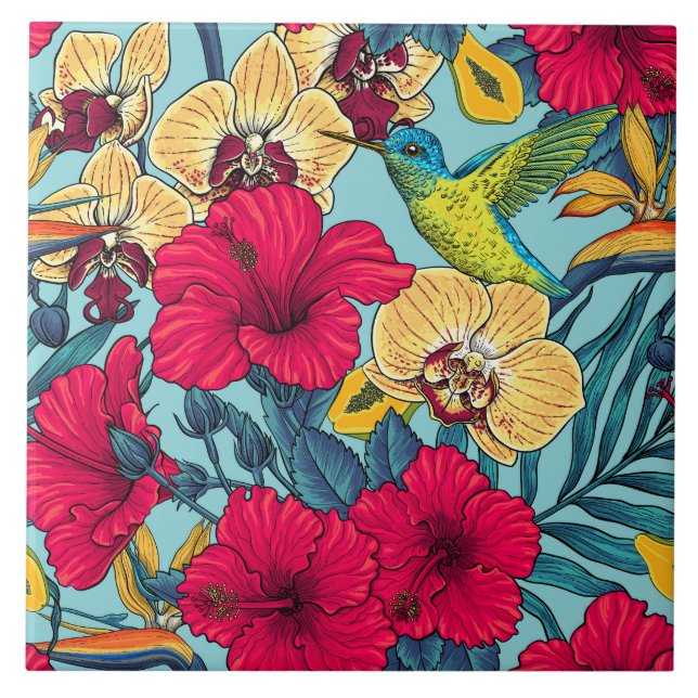 Tropical Florals and Hummingbird - Summer Botanica Ceramic Tile (Front)