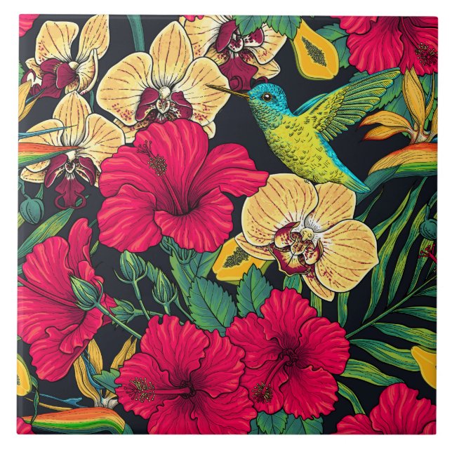 Tropical Florals and Hummingbird - Summer Botanica Ceramic Tile (Front)