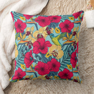Tropical Florals and Hummingbird - Summer Botanica Cushion