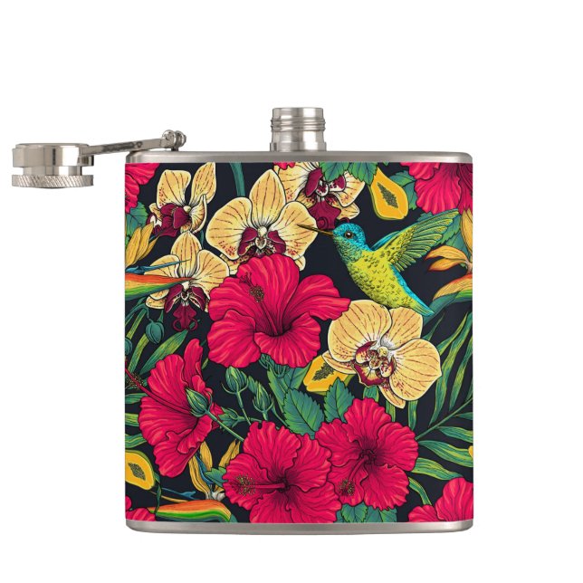 Tropical Florals and Hummingbird - Summer Botanica Hip Flask (Opened)
