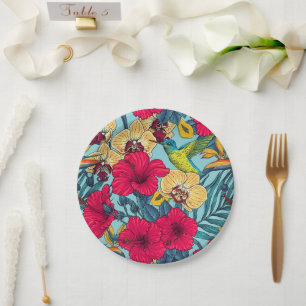 Tropical Florals and Hummingbird - Summer Botanica Paper Plate