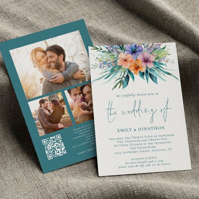 Tropical Florals Florals 3 Photos QR Teal Wedding Invitation (front and back view)