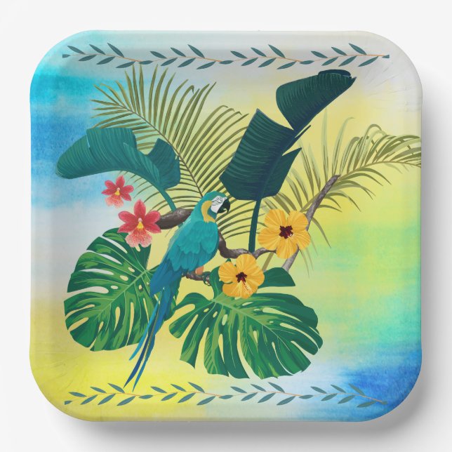 Tropical Florals Leaves Parrot Paper Plate (Front)