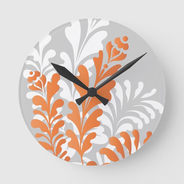 Tropical Florals Orange, White & Grey Customisable Round Clock (Front)