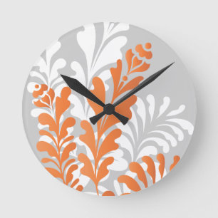 Tropical Florals Orange, White & Grey Customisable Round Clock