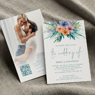 Tropical Florals Photo QR Code Teal Wedding Invitation