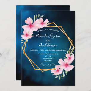 Tropical florals pink dark blue geometric wedding invitation