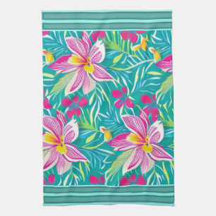Tropical Florals Pink Shades on Teal Multicolored  Tea Towel