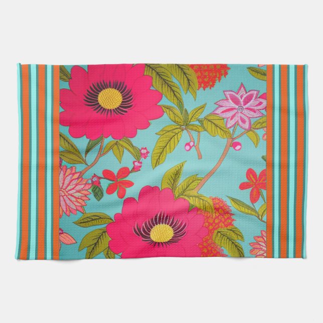 Tropical Florals Pink Shades with Teal Orange Trim Tea Towel (Horizontal)