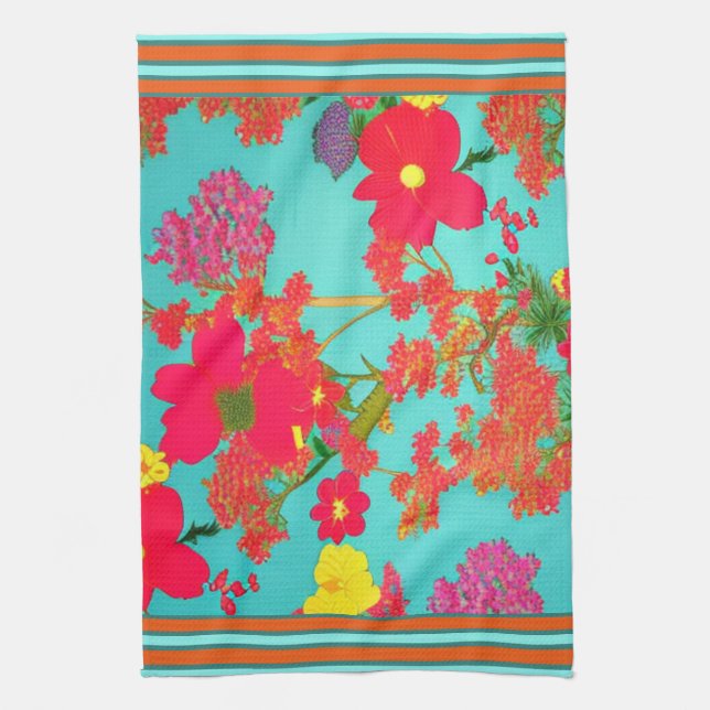 Tropical Florals Teal, Orange, Yellow with Trim  Tea Towel (Vertical)