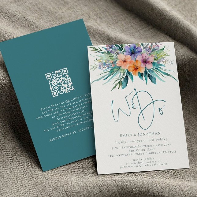 Tropical Florals We Do QR Code Wedding  Invitation (Front and back view)