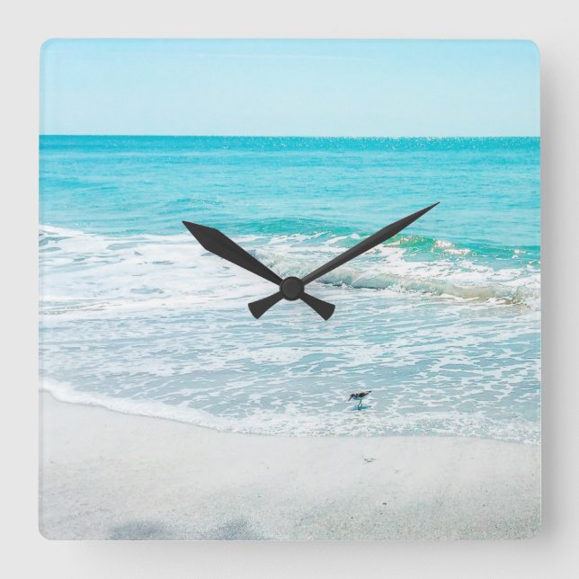 Tropical Florida Beach Sand Ocean Waves Sandpiper Square Wall Clock (Front)