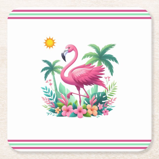 Tropical/Florida pink flamingo Square Paper Coaster (Front)