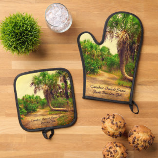 Tropical Florida Trail Lined with Palm Trees  Oven Mitt & Pot Holder Set