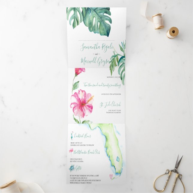 Tropical Florida Wedding All In One Floral Tri-Fold Invitation (Inside)