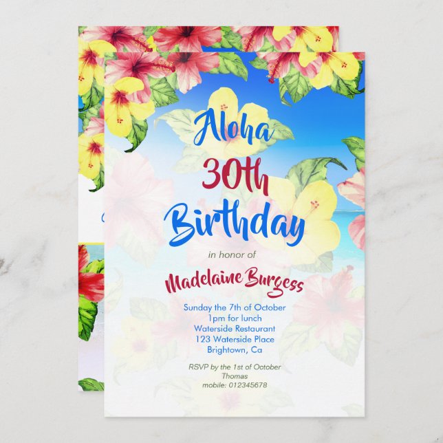 Tropical Flower 30th Birthday Beach Aloha Invitation (Front/Back)