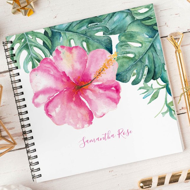 Tropical Flower and Greenery Personalised Journal (Notebook tropical watercolor hibiscus flower and monstera leaves Victoria Grigaliunas DoTellABelle)