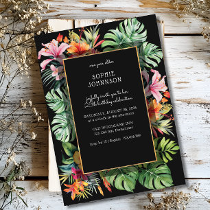 Tropical flower and leaves dark birthday invitation
