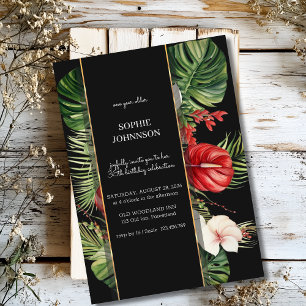 Tropical flower and leaves dark birthday invitation