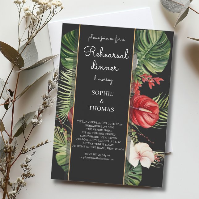 Tropical flower and leaves dark rehearsal dinner invitation (Creator Uploaded)
