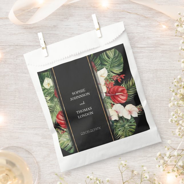 Tropical flower and leaves dark watercolor wedding favour bag (Clipped)