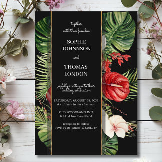 Tropical flower and leaves dark watercolor wedding invitation