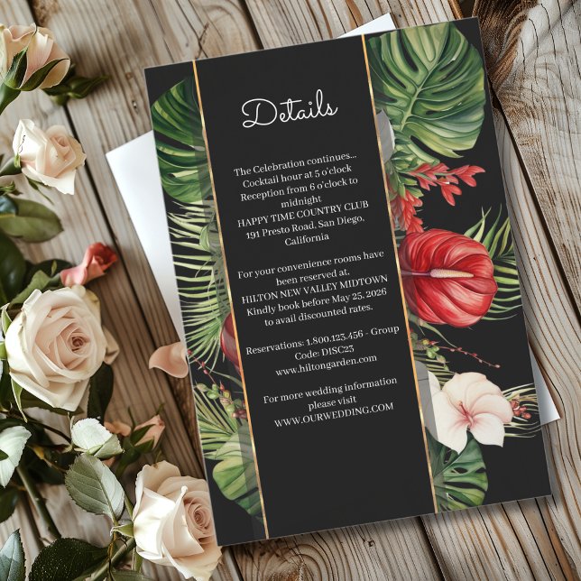 Tropical flower and leaves dark wedding details enclosure card (Creator Uploaded)
