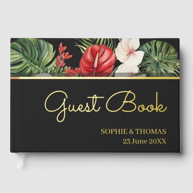 Tropical flower and leaves dark wedding guest book (Front)